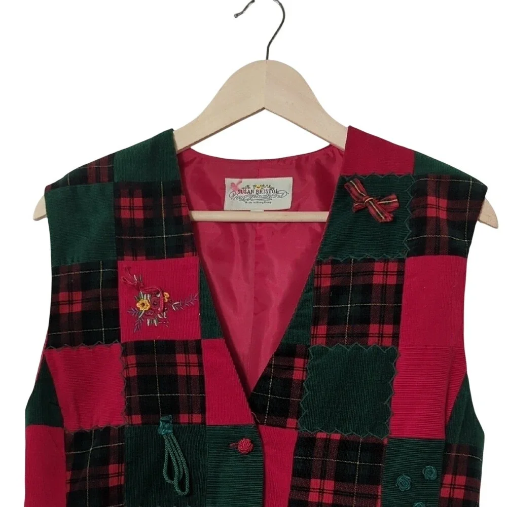 Vintage 90s Susan Bristol Patchwork Corduroy‎ Vest Holiday Christmas